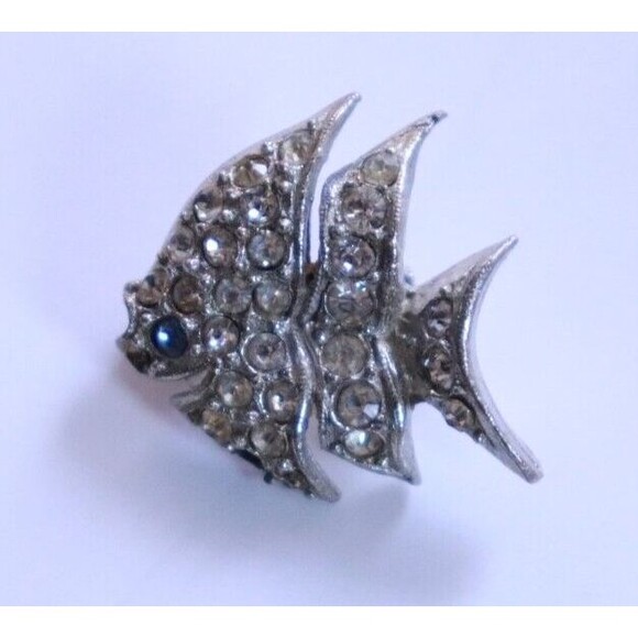 Angel Fish Rhinestone Brooch Pin Silver Tone‎ Blue Eye - Picture 1 of 3